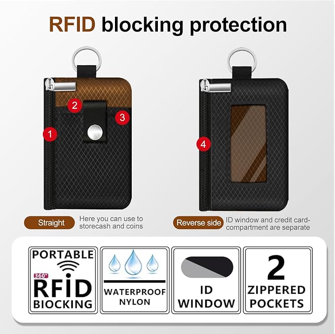 Minimalist RFID Blocking Small Wallet with ID Window,WaterResistant Zip Id Case Wallet with Lanyard Keychain for Cards,Cash,Travel,Women,Men (Black/Brown) - Image 2