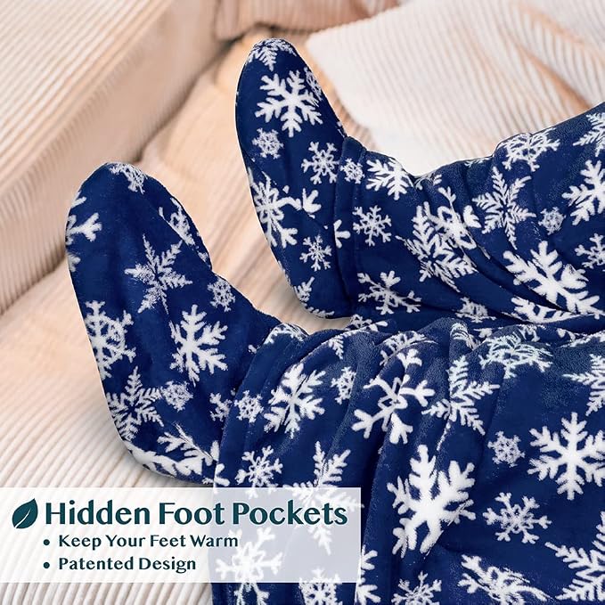 PAVILIA Fleece Blanket with Sleeves, Foot Pockets for Women Men Adults, Plush Wearable Blanket Throw Wrap, Warm Snuggle Blanket Robe, Cozy Gift Ideas Wife Mom, Snowflake Blue - Image 2