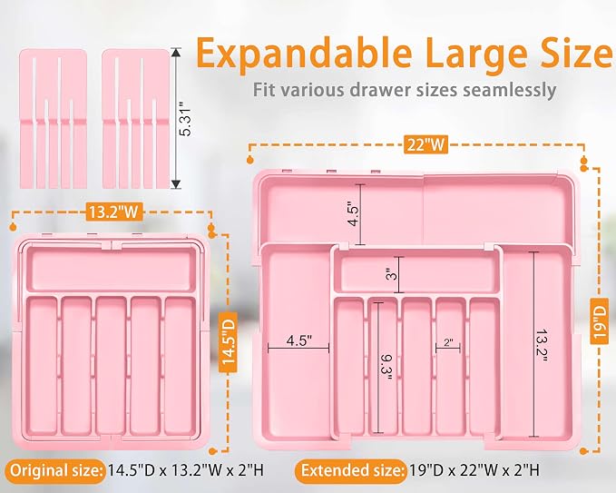 Homecor Silverware Organizer - Expandable Large Kitchen Drawer Organizer Utensil Organizer with 2 Knife Block Inserts, 22"x 19"Cutlery Tray with Drawer Dividers for Kitchen Flatware (Pink) - Image 2