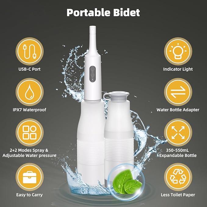 Hibbent 2 Pack Portable Bidet for Travel, High Pressure Electric Handheld Bidet Sprayer, 350-550ML Expandable Bottle for Personal Hygiene, USB-C Rechargeable Waterproof Sprayer for Women & Men, White - Image 7