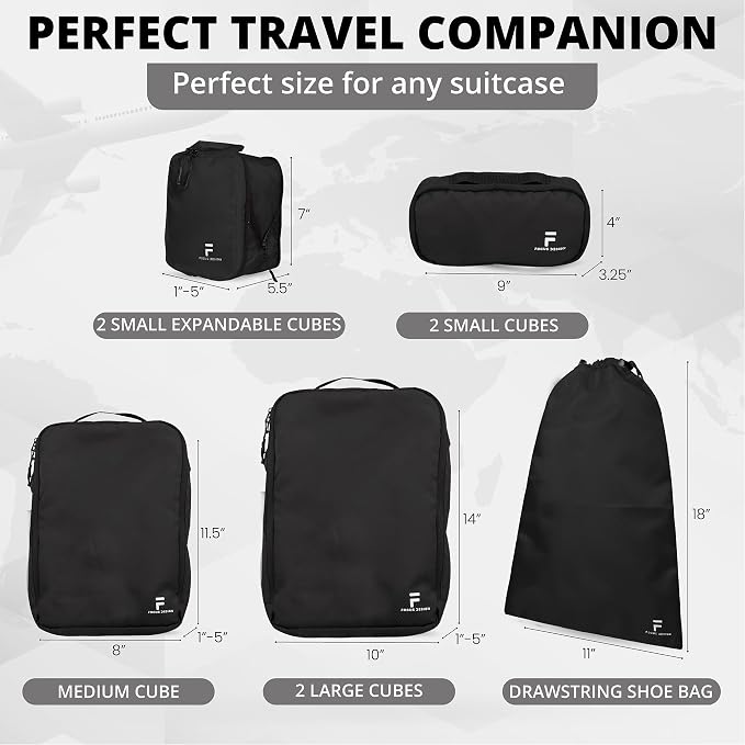 8 Piece Compression Packing Cubes Set - Double Capacity Design for Travel - Small, Medium & Large Sizes - Carry-On Suitcase Organizer Bags (Black) - Image 2