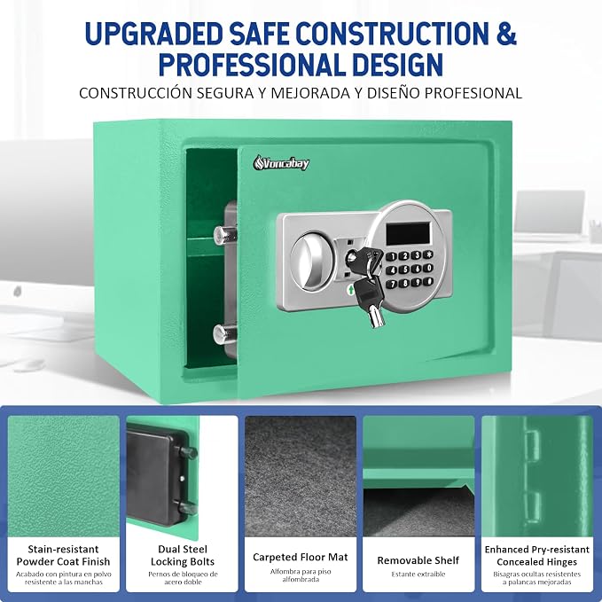 Voncabay Money Safe Box for Home with Digital Keypad, 0.8 Cu. Ft., Green | Alloy Steel, 2 Fireproof Bags, Digital Keypad with Display, Removable Shelf, Fits A4, 13.8 x 9.85 x 9.85 In. - Image 4