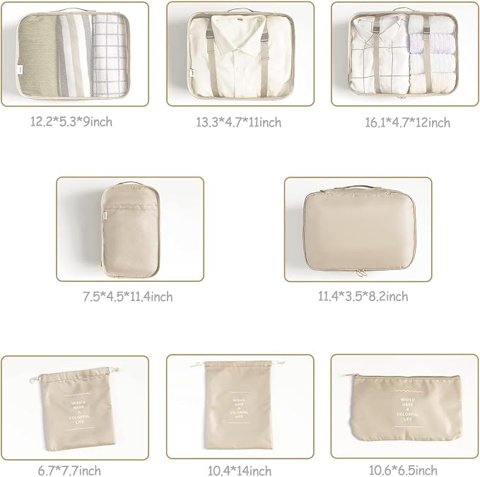 LANSKLBD 6/8 Set Packing Cubes for Suitcases Travel Luggage Packing Organizers,Travel Accessories Essentials Luggage Organizer with Shoe/Tioletry/Laundry Bag (Beige, 8 set) - Image 7