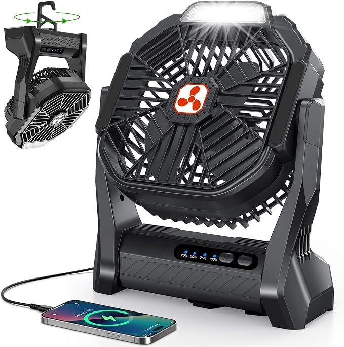 Portable Rechargeable Fan, 20000mAh Cordless Battery Powered Camping Fans | with LED Lantern Operated Outdoor Ventiladores for Travel Tent Camp Fishing Office Home Essentials Black by Unknown