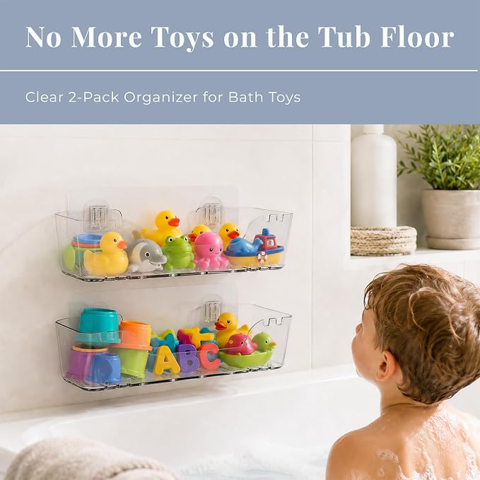 Bathtub Toy Storage, 2 Pack Clear, No-Drill Clear Bath Toy Holder | 4 Adhesive Backplates Included, BPA-Free PET, Fast-Drain Design, Wall-Mounted Detachable, 12 lbs Load Capacity Each - Image 2