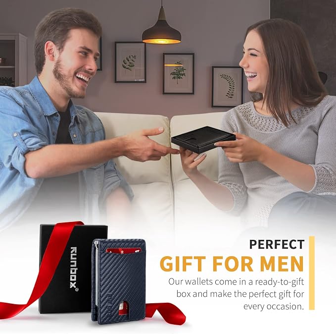 RUNBOX Slim Wallet for Men Genuine Leather RFID Blocking Bifold Minimalist Front Pocket Mens Wallet with Money Clip Thin Gift Box - Image 2