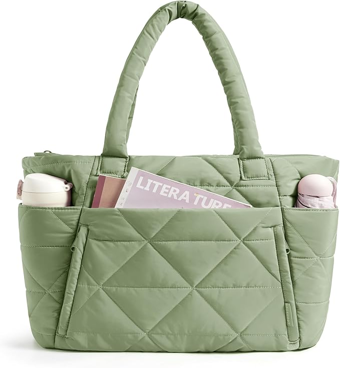 BAGSMART Tote Bag for Women, Puffer Tote Bag with Zipper, Large Quilted Shoulder Bag with Compartments for Travel, Work, Gym by BAGSMART