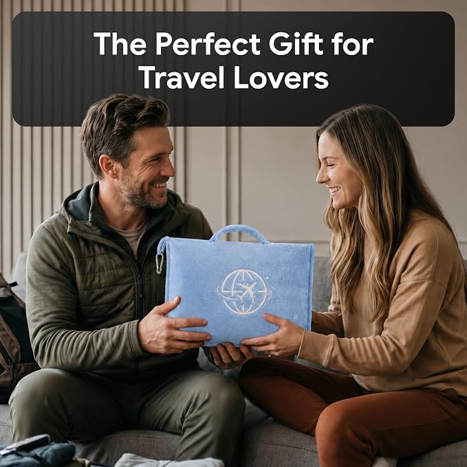 2-in-1 Travel Blanket and Pillow – Lightweight, Compact, Ultra Soft, Machine Washable – Handle, Luggage Sleeve, Backpack Clip – for Travel Airplane, Car, Office (Light blue) - Image 7