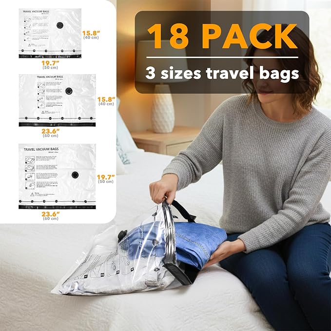 SpaceAid Travel Vacuum Bags for Luggage with Electric Pump, 18 Pack Vacuum Seal Bags for Clothing Travel, Space Saver Compression Bag for Backpack and Suitcase - Image 4