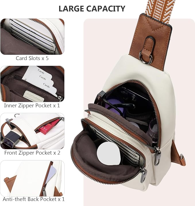 Anti-theft Sling Bags Women Small PU Leather Chest Fanny Pack | RFID Blocking,Safety Zipper,5 Card Slots,Adjustable Strap,Large Capacity,Multi Pockets,Faux Leather,Daypack,Bum Bags,Travel - Image 7