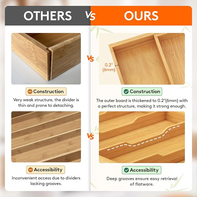 Lifewit Bamboo Utensil Organizer for Kitchen Drawer, Cooking Utensil Tray | Expandable Cutlery Silverware Flatware Holder, Wood Adjustable Spatula Tools Storage Divider, 12.6-22.8 x 14", Natural - Image 6