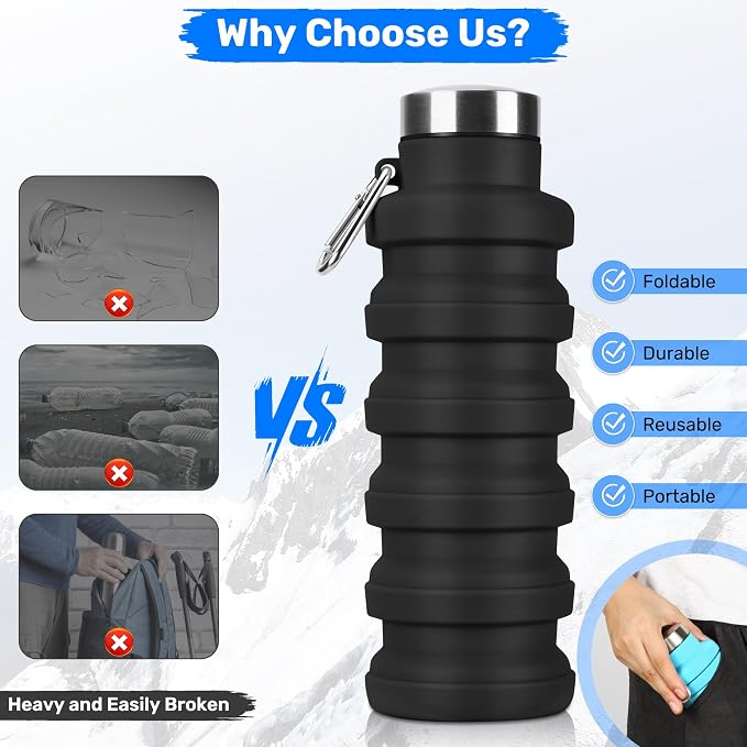 Collapsible Water Bottle, 16oz Portable Reusable Silicone Water Bottle, BPA-Free Leak-Proof Foldable Design with Carabiner, Lightweight Durable for Gym, Travel, Camping, Hiking, Sports-Green - Image 3