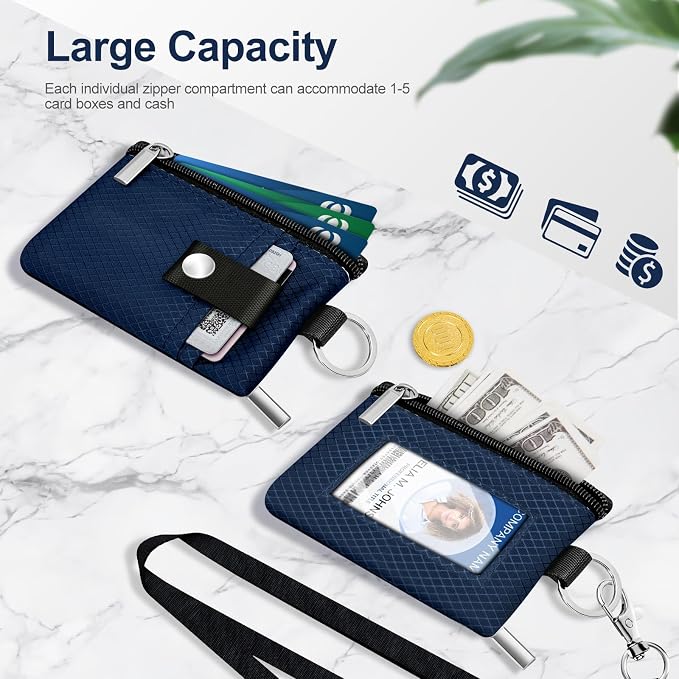 Minimalist RFID Blocking Small Wallet with ID Window,WaterResistant Zip Id Case Wallet with Lanyard Keychain for Cards,Cash,Travel,Women,Men (Dark blue) - Image 7