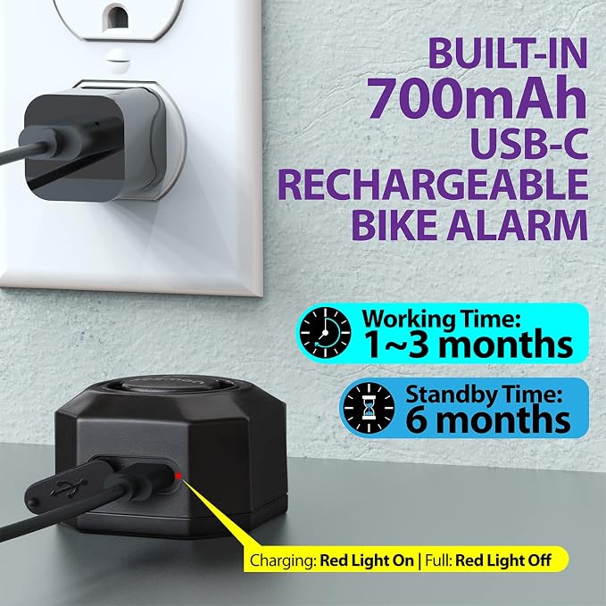 Fosmon USB-C Rechargeable Bike Alarm with Remote, IP55 Waterproof Wireless 110dB Loud Anti-Theft Vibration Motion Sensor Vehicle Tracker Alarm Security System for Bicycle, E-Bike, Motorcycle, Scooter - Image 6