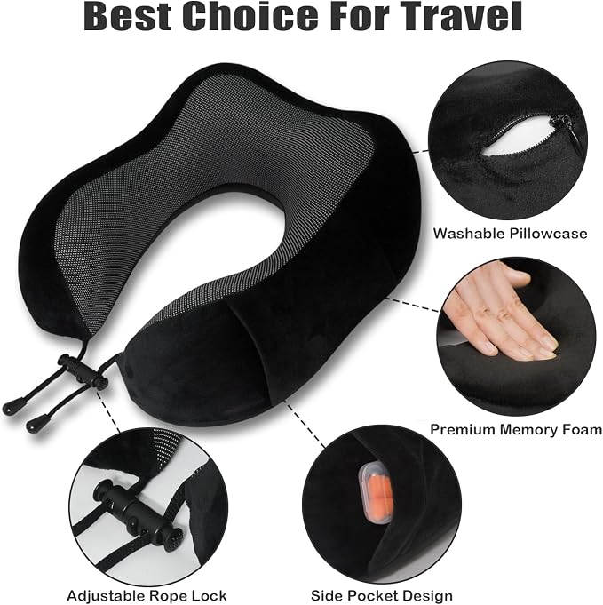 Travel Pillow, Memory Foam Neck Pillow for Traveling, U Shape Neck Pillow Airplane Portable Flight Pillow Travel Kit with 5D Contoured Eye Masks and Earplug for Plane Train Car Home Office - Image 3