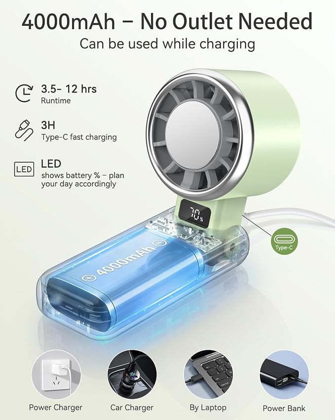 Portable Handheld Fan, USB Fan with Turbo & Ice Cooling, 5-Speed 4000mAh Rechargeable, 3-in-1 Mini Electric Fan, Lightweight & Compact for Outdoor, Camping, for Men & Women -Green - Image 5