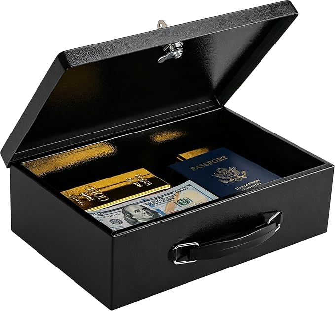 KYODOLED Fireproof Document Box with Key Lock, Small Lock Boxes for Personal Items, Fire and Water Resistance, Fireproof Safe Box for Documents, Jewelry, Passport, Cash, 12.6'' x 8.3'' x 3.58'' Black by KYODOLED