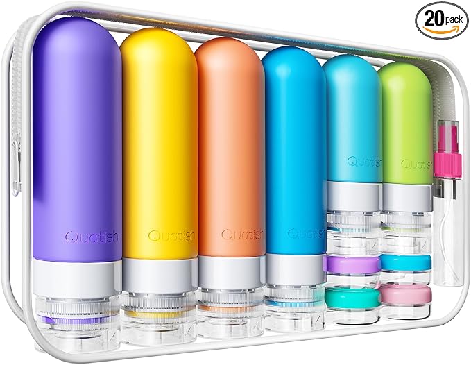 20 Pack Travel Bottles for Toiletries, Original Patented, TSA Approved Travel Size Containers, Leak Proof Silicone Shampoo and Conditioner Bottles Women & Men, Airplane Cruise Essentials, Multi by Quatish
