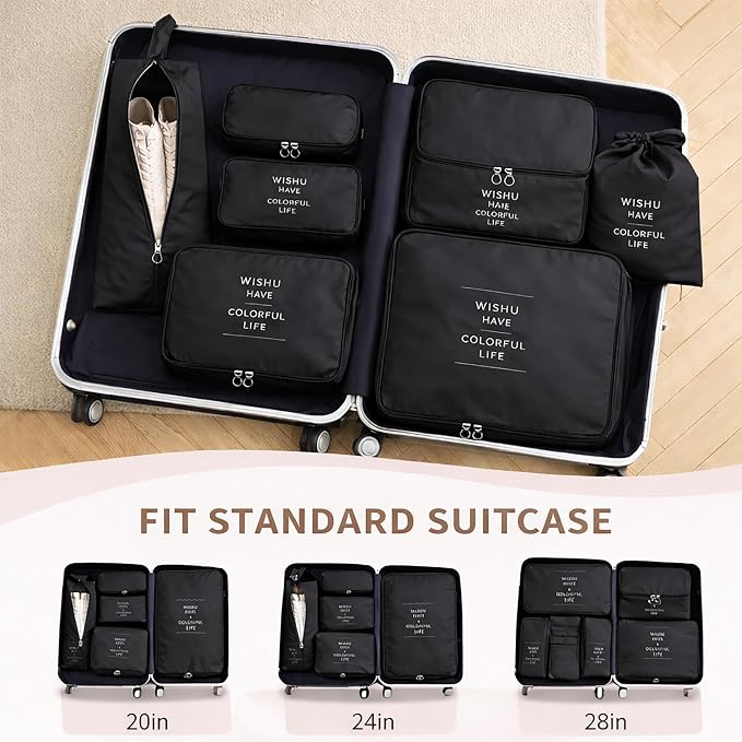 7 Set Packing Cubes For Travel | Luggage Organizer Bags With Shoe, Laundry Bag, Accessory Pouch And Lingerie Bag | Durable And Space Saving Suitcase Organizer For Travel Essentials | Black - Image 3