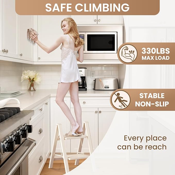 2 Step Ladder, Foldable Step Stool with Wide Anti-Slip Pedal | Portable, Sturdy Carbon Steel, 330LBS Capacity, Easy Storage, Space Saving, for Kitchen, Closet, Cream White - Image 2