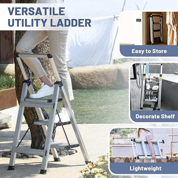 3 Step Ladder, Aluminum Folding Stool with Retractable Handgrip | 330 lbs Heavy Duty | 9.5lbs Lightweight | Removable Tool Tray | Non-Slip Pedals | Slim 2.5" Fold for Kitchen, Closet & Garage - Image 7