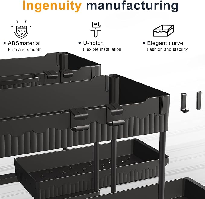 2-Pack 2-Tier Under Sink Organizers with Sliding Drawers | Multi-use kitchen & bathroom storage, 12.85 inch black cabinet organizer, space-saving sliding drawer design. - Image 5