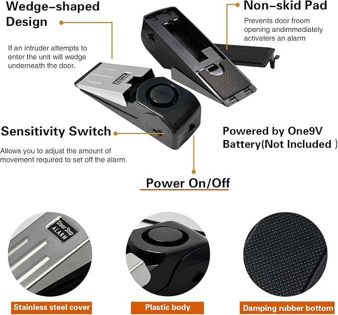 HNHMT 2 Pack Portable Door Stop Alarm, Door Stopper with 120db Loud Security Alarm, Travel Door, Doorstops Wedge Sensors Security Devices for Traveling Apartment Hotel and Home (Black) - Image 6