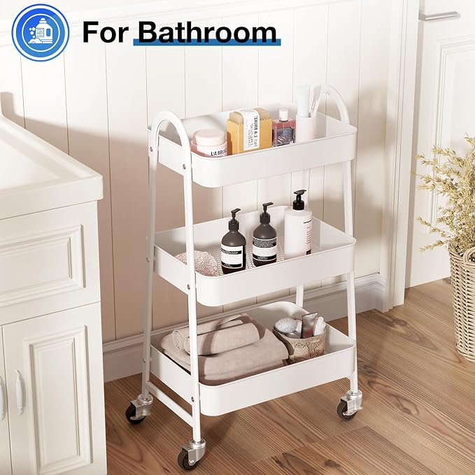 OLIXIS Metal Rolling Storage Utility Cart with Lockable Wheels 3 Tiers | Mobile Organizer Shelf, Space-Saving, Freestanding, Bathroom, Living Room, Slim, Narrow Corner Spaces, White - Image 5