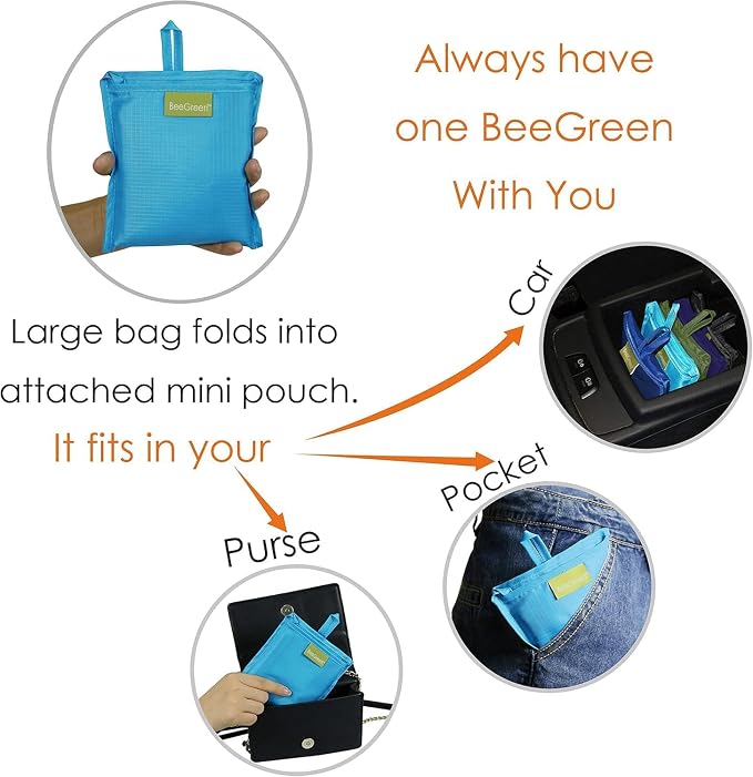 BeeGreen Reusable Grocery Bags Blue Kitchen Bags Bulk Foldable-Machine Washable with Zipper Storage Pouch 50 Packs - Image 7