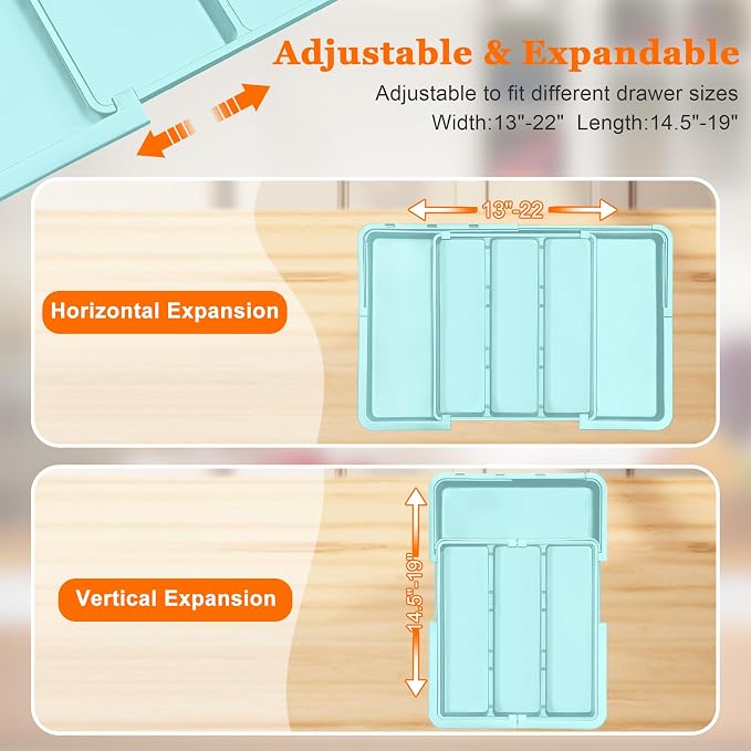 Large Utensil Drawer Organizer Expandable Silverware Organizer for Kitchen Drawer Adjustable Cooking Utensil Holder Cutlery Flatware Tray Spatula Tools Gadgets Storage Dividers Plastic Turquoise - Image 5