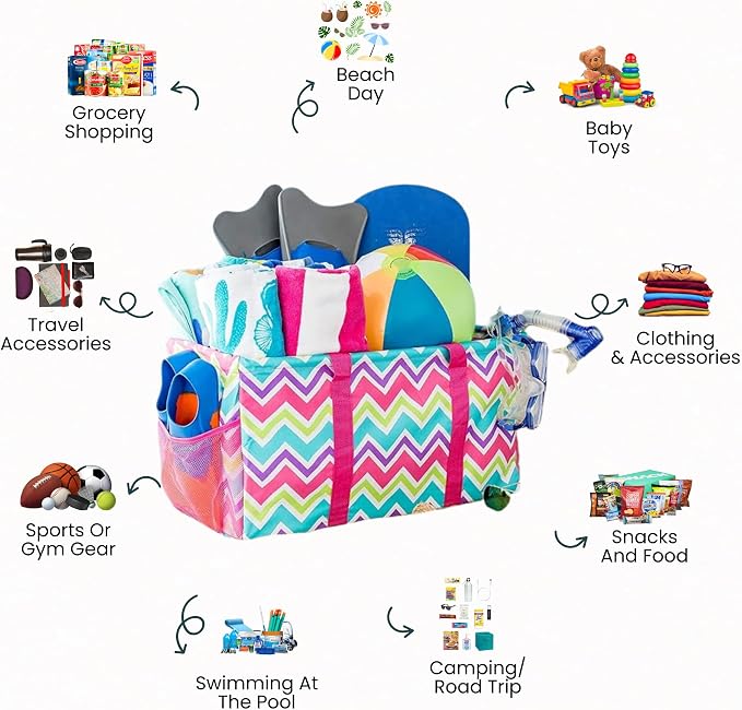 Extra Large Utility Tote Bag - Oversized Collapsible Reusable Wire Frame Rectangular Canvas Basket With Two Exterior Pockets For Beach, Pool, Laundry, Car Trunk, Storage - Chevron Multi - Image 3