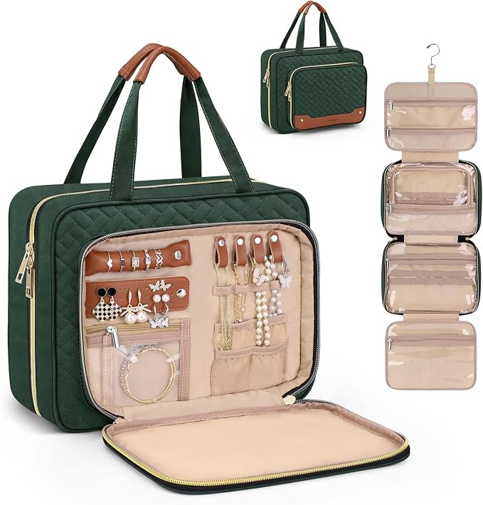 Toiletry Bag for Women, Hanging Travel Toiletry Bag with Jewelry Organizer Compartment Large Makeup Bag, PVC Waterproof Cosmetic Travel Bag Trips Camping Bathroom, Dark Green by Wedama