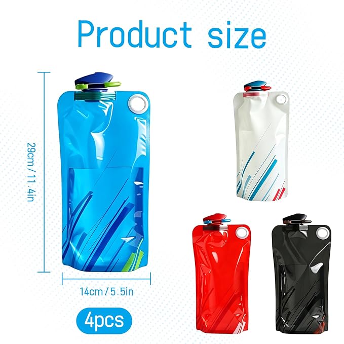 Collapsible Water Bottles With Carabiner,4 Pcs | 34 Ounce Foldable Water Bag,Bpa-Free Reusable Leakproof Water Bags,For Outdoor Sports Camping Traveling Biking Hiking - Image 2