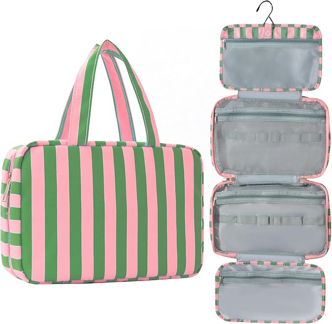 Toiletry Bag for Women Travel Water-resistant Cosmetic Bag Fashion Stripes Makeup Bag with Hanging Hook Preppy for Store Toiletries Cosmetic Accessories Medium Green by Unknown