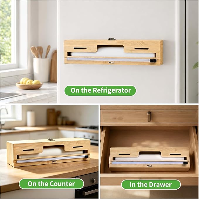 MSJGA Magnetic Plastic Wrap Dispenser with Cutter for Drawer & Refrigerator | Fridge Bamboo Organizer for Tin Foil, Baking Paper, Wax Paper Holder Kitchen Storage Box Compatible,13" x 8.2" x 2.7" - Image 7