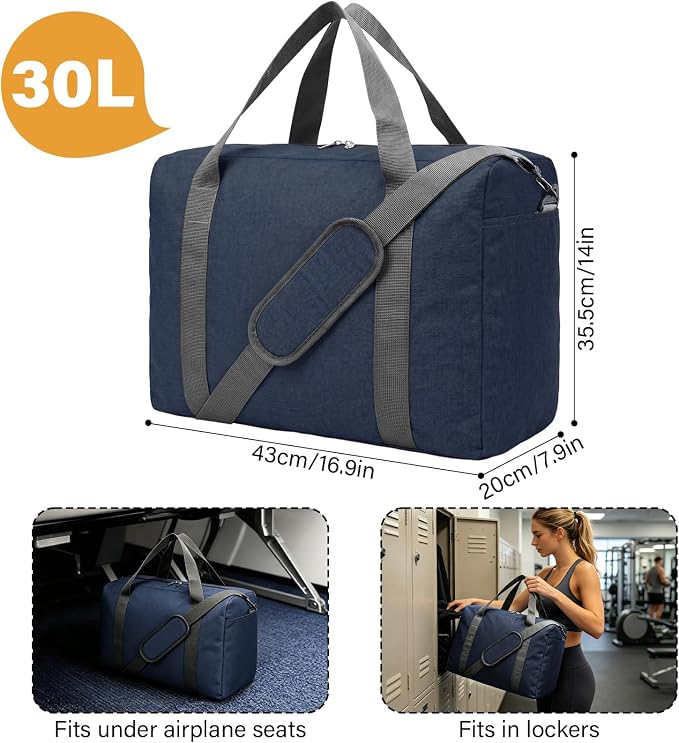 30L Foldable Underseat Travel Duffel Bag 17.3"x13.8"x7.9" – Lightweight Carry on Luggage for Women and Men, Waterproof Overnight Bag, Gym Sport Holdall, Hospital Tote with Trolley Sleeve, Navy Blue - Image 2