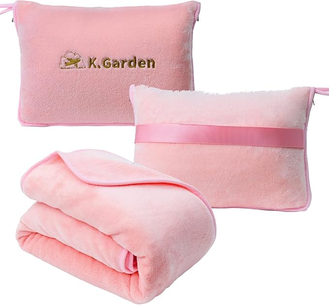 K.Garden Travel Throw Blanket Pillow, Pink | 2 in 1, Soft, Compact, Luggage Backpack Strap, Airplane Flight Essentials by KGARDEN