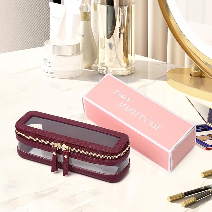 Pinkmik Makeup Brush Case, Burgundy, | Clear Travel Cosmetic & Toiletry Bag, Slim with Zipper, Small Purse Organizer, Car Essential for Women - Image 6