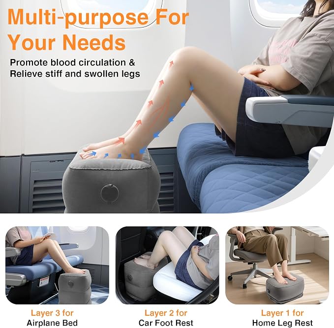 Maliton Inflatable Foot Rest Pillow for Travel,Kids Airplane Bed,Adjustable 3 Layers Height Leg Pillow of Air Travel Essentials,Car, Office, Home - Fast Inflation (Dark Grey) - Image 3