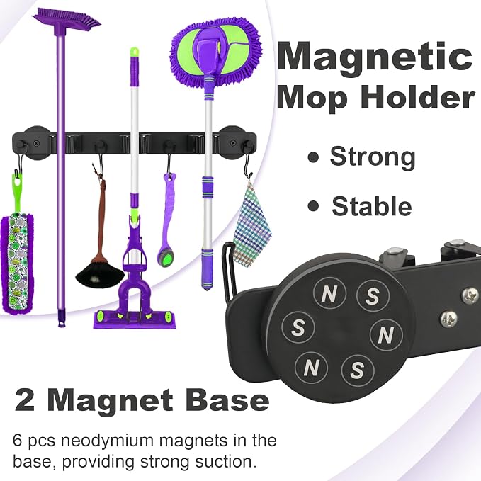 Heavy Duty Magnetic Mop Broom Holder with Swivel Hooks | Strong Magnet Mount Tool Hanger Organize System Utility Rack for Refrigerators Laundry Garage Kitchen - Image 3