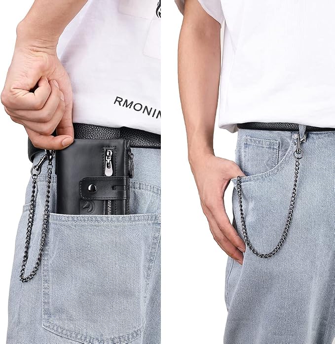Mens Wallet with Chain Genuine Leather Purse RFID Blocking Bifold Double Zipper Coin Pocket with Anti-Theft Chain - Image 2