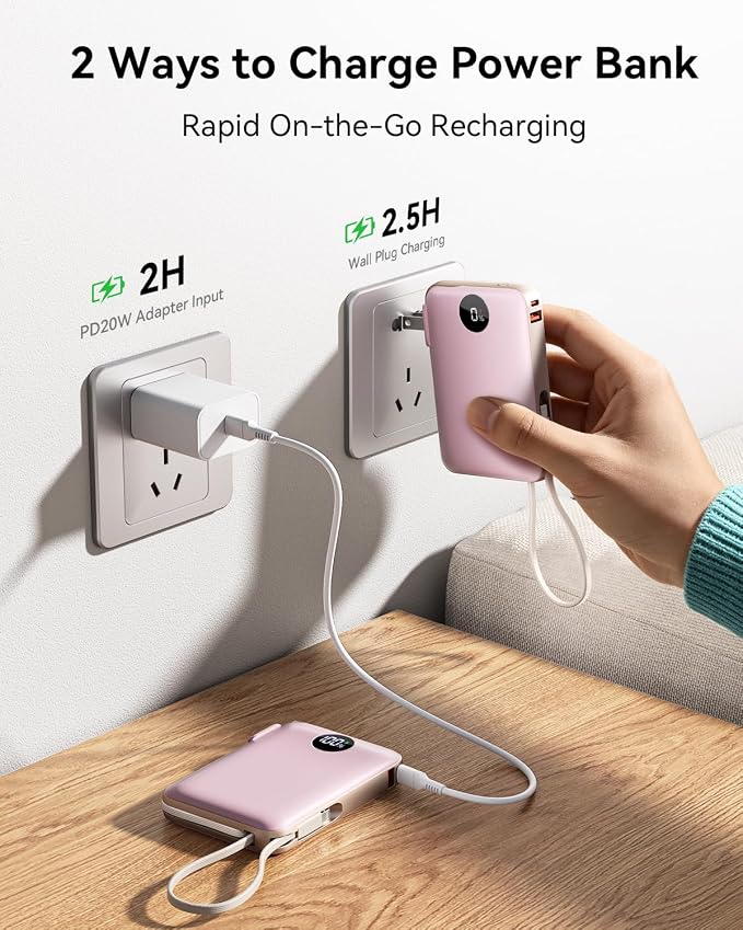 Portable Charger Power Bank 10000mAh, 45% Smaller Built-in Cables & AC Plug | Built-in Cables & AC Plug, 22.5W Fast Charging, 4-Device Charging, Travel Essential, for iPhone, iPad & Samsung Galaxy, Pink - Image 6