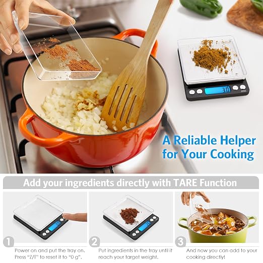 AMIR Digital Kitchen Scale, 3000g 0.01oz/0.1g Pocket Cooking Scale, Mini Food Scale, Pro Electronic Jewelry Scale with Back-Lit LCD Display, Tare & PCS Functions, Stainless Steel, Black - Image 3