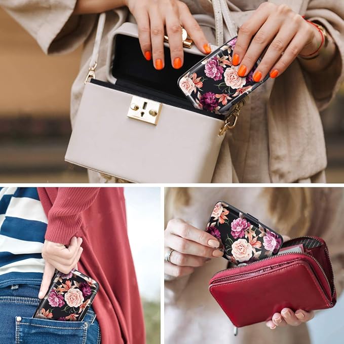 Mini Credit Card Holder for Women,RFID Blocking Slim Hard Card Case ID Case Travel Wallet Black Rose Flowers - Image 5