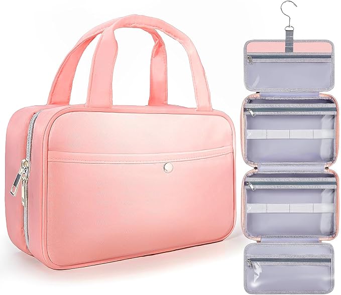 Travel Hanging Toiletry Bag for Women - Waterproof Cosmetic Organizer with Clear Window, Lightweight Bathroom Bags for Essentials, Makeup, Shampoo, Toiletries Dark Pink, Medium by Chakipee
