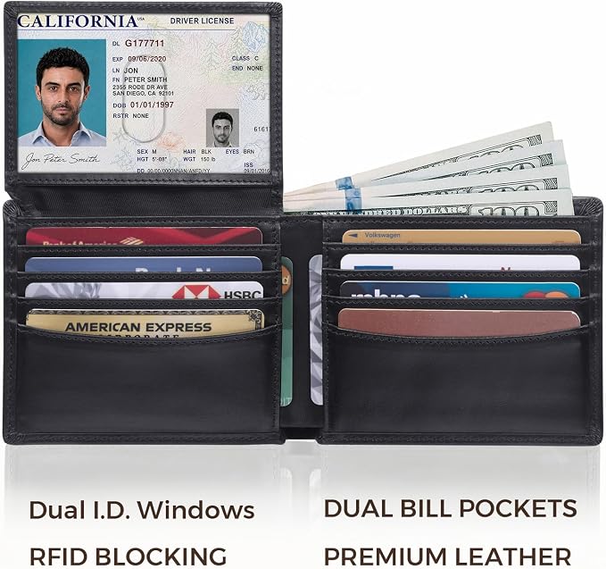 RUNBOX Men's Full Grain Leather Bifold Wallet - Crazy Horse RFID Blocking Slim Wallet with 2 ID Windows, 12 Card Slots & Dual Cash Pockets, Gift for Men - Image 2