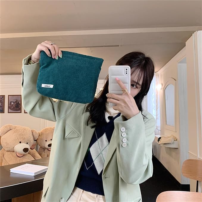 Cosmetic Bags for Women - Corduroy Cosmetic Bag Aesthetic Women Handbags Purses Smile Dots Makeup Organizer Storage Makeup Bag Girls Case Bags (Pure Dark green) - Image 6