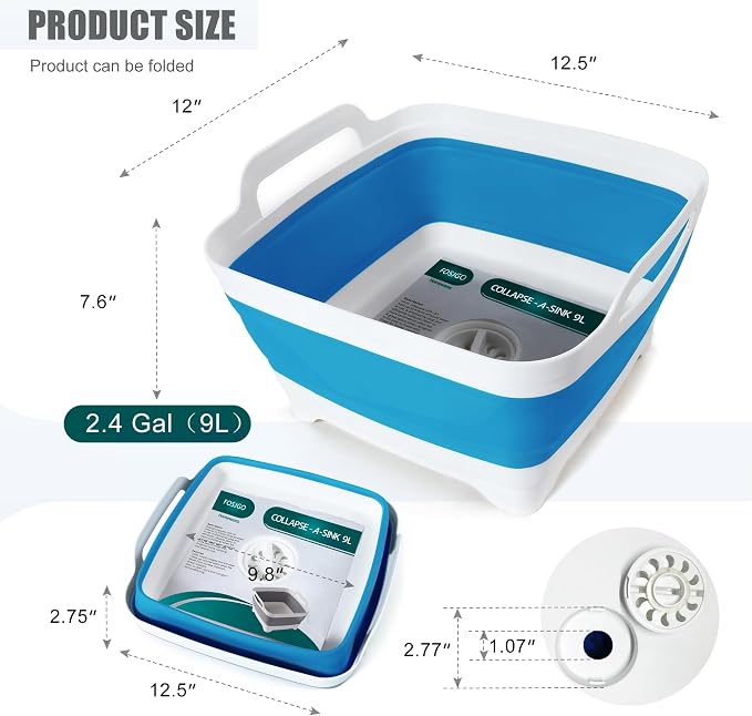 FOSJGO Collapsible Dish Basin with Drain Plug, Foldable Sink, 2.4 Gal (9L) | Space-Saving Wash Basin for Kitchen, Baby Bottles, Vegetable Washing, Camping, RV and Party Beverage Tubs - Image 2