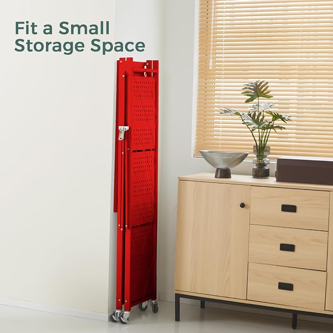 DEANIC 4 Tier Foldable Storage Shelves with Wheels, Large Capacity Shelving Unit, Freestanding Metal Wire Shelf Rack, No Assembly Organizer Rack for Garage Kitchen, Basement, Pantry(Red Pack of 2) - Image 5