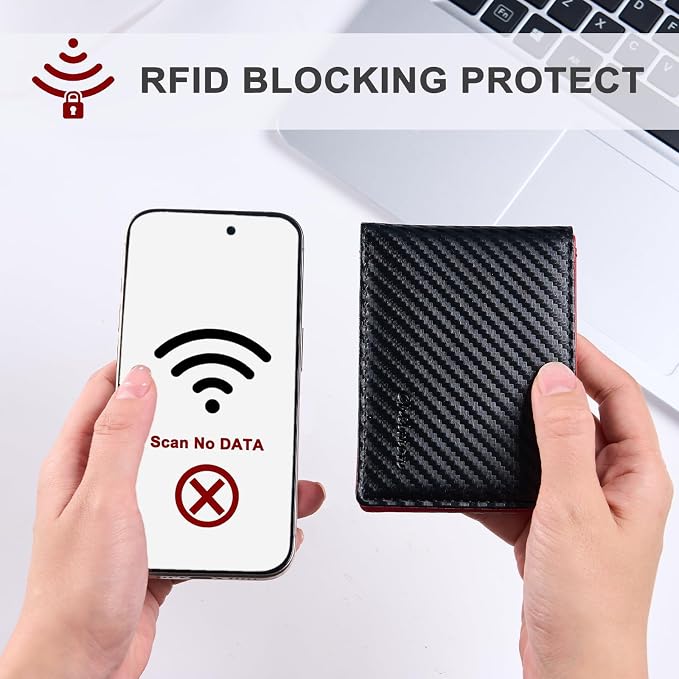 Chelmon Slim Wallet for Men ID Window with RFID Blocking Front Pocket Minimalist Bifold Bussiness Card Holder Gift for Men, Carbon Black & Red - Image 4